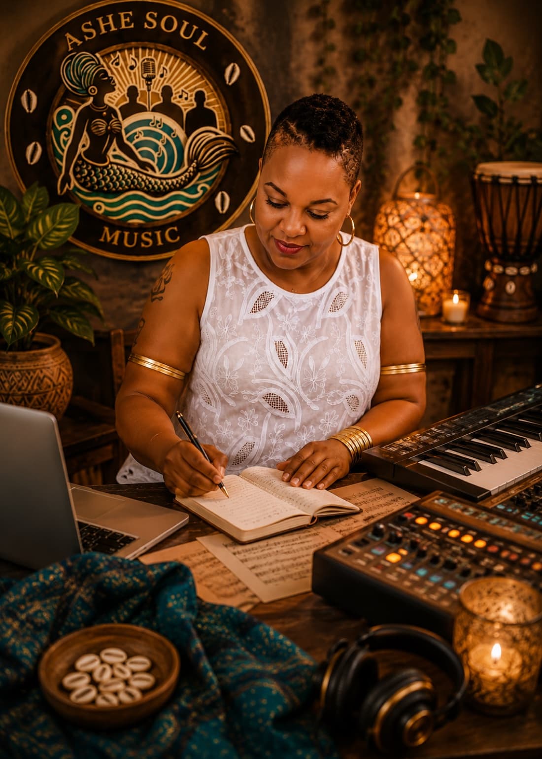 Chief Dr. Ayele Kumari writing songs in her studio beneath the Ashe Soul Music emblem